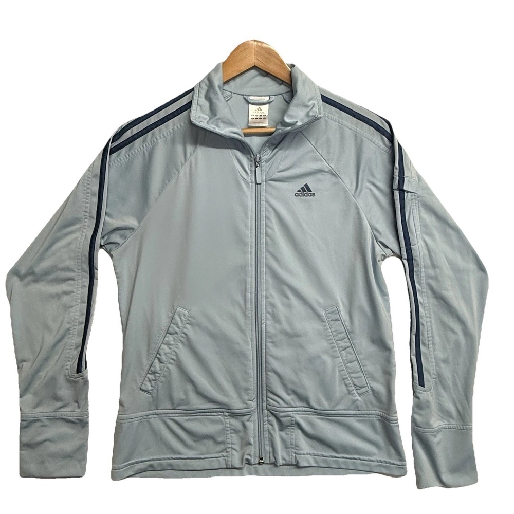 Adidas Track Jacket Women's Medium Full Zip Up Running Light Blue 3 Stripes